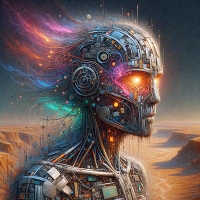 The primary subject of the image is a futuristic robot with a mix of mechanical and human-like features. The robot is the main focus of the image, and it is set against a backdrop of a desert landscape. The visual style of the image is a combination of digital art and illustration, creating a unique and intriguing appearance. The dominant colors in the image are a mix of metallic tones and earthy hues, giving the robot a futuristic and industrial feel. The overall atmosphere of the image is
